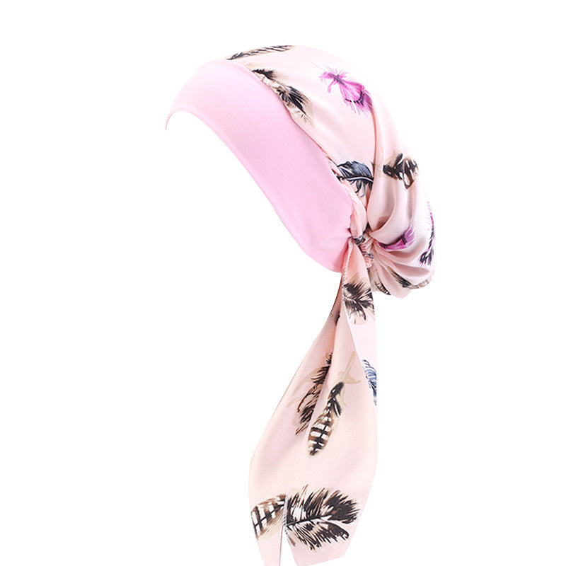 Pastoral Style Elastic Wide-Brimmed Imitation Silk Turban Hat, Long Tail Braid Hat, Chemotherapy Hat, Cross-Border Supply