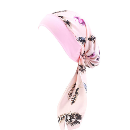 Pastoral Style Elastic Wide-Brimmed Imitation Silk Turban Hat, Long Tail Braid Hat, Chemotherapy Hat, Cross-Border Supply