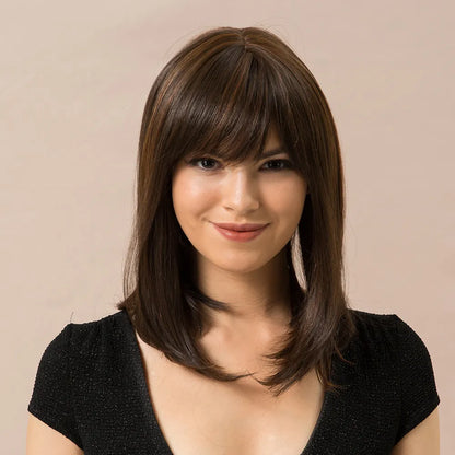 Long Bob Straight Human Hair Blend Wigs With Bangs 14Inches