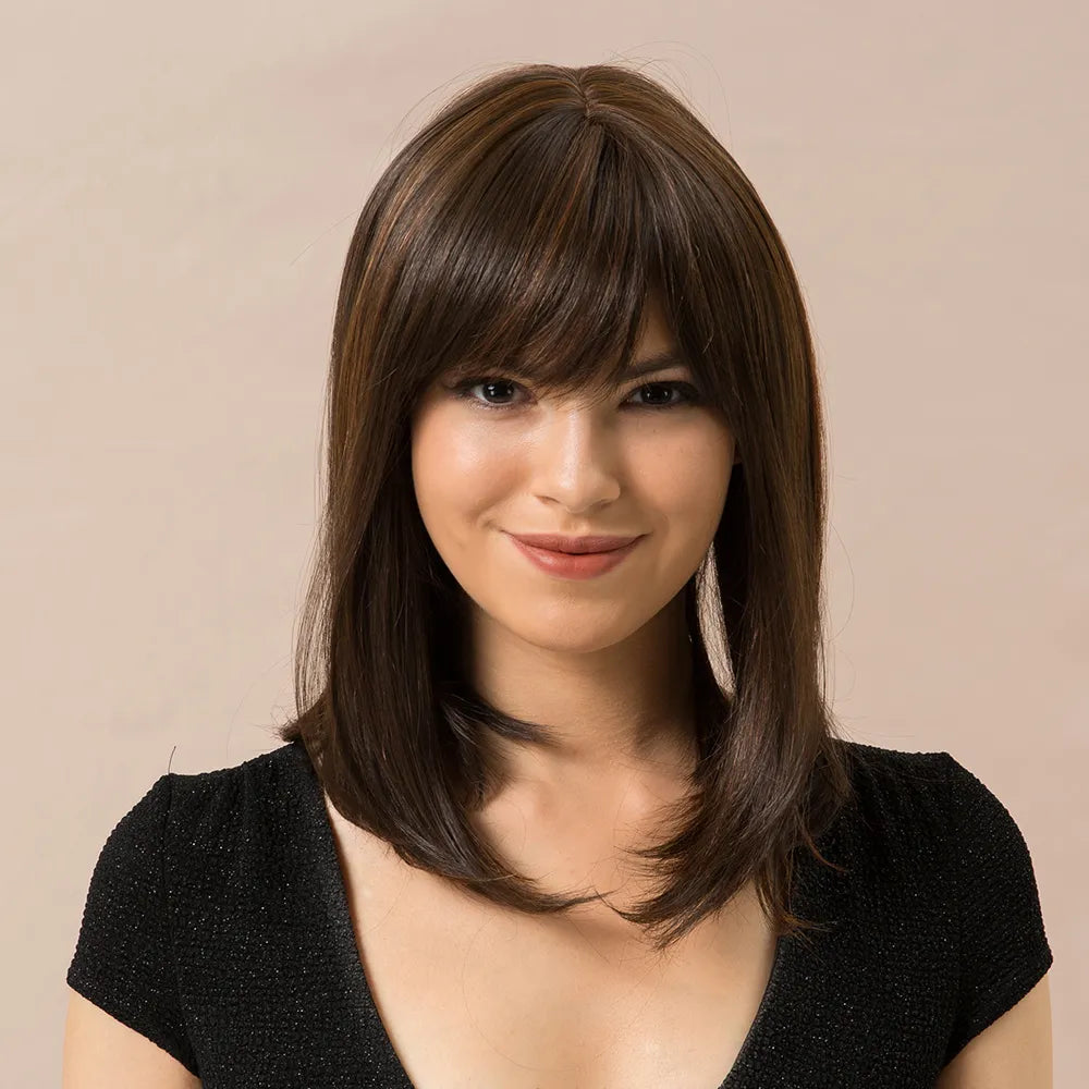 Long Bob Straight Human Hair Blend Wigs With Bangs 14Inches