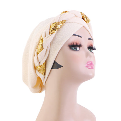 Cross-Border Solid Color Sequin Braided Cross-Turban Hat Small Hat Head Wrap Hair Protection Hat Jdt-429F