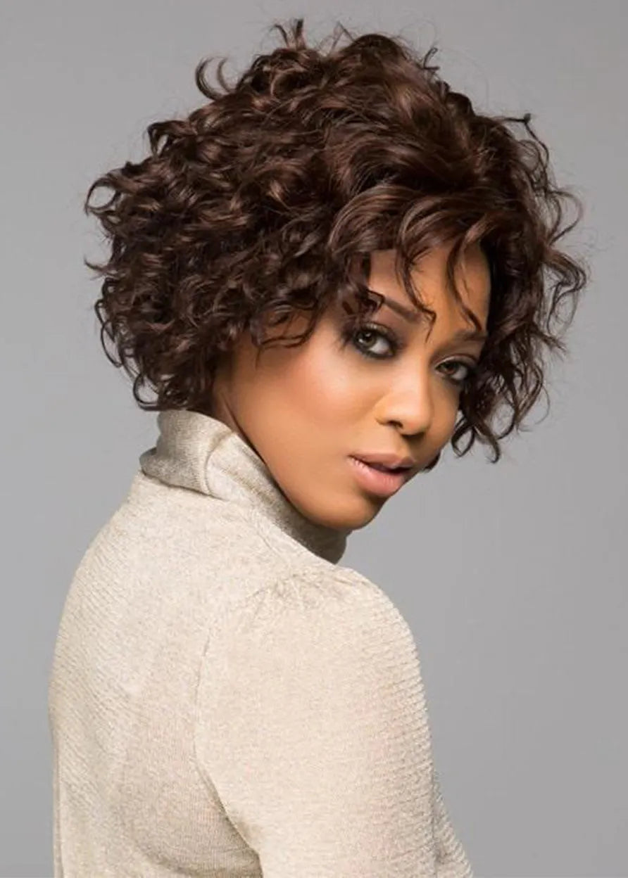 Women's Tightly Curled And Waved Bob Lace Front Cap 100% Human Hair Wigs 8Inch