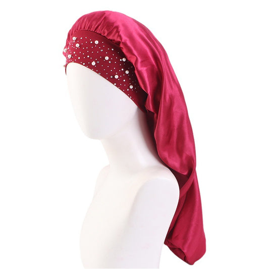 AliExpress hot sale starry Pearl Diamond wide-brimmed satin nightcap long hair care cap long hair shower cap