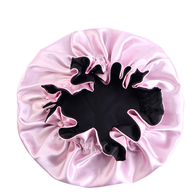 Wooden ear satin double-layer nightcap African style contrast color headscarf cap home round cap solid color beauty perm cap