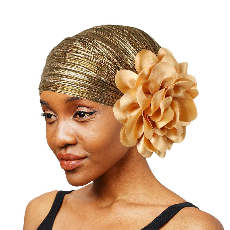 African Style Shiny Silk Pleated Large Flower Headscarf Hat, Ethnic Hat, Hair Loss Hat, Wedding Hat Tjm-79D