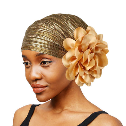 African Style Shiny Silk Pleated Large Flower Headscarf Hat, Ethnic Hat, Hair Loss Hat, Wedding Hat Tjm-79D