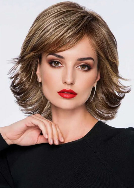 Medium Shaggy Layered Hairstyles Women Wavy Human Hair Wigs Side Part Lace Front Wigs 14Inch