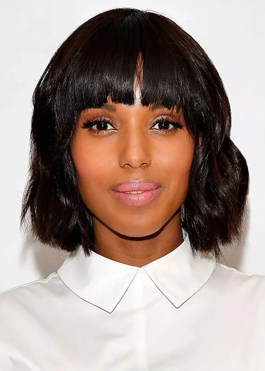 African American Women's Short Bob Hairstyle Wavy Human Hair Capless Wigs 12Inch