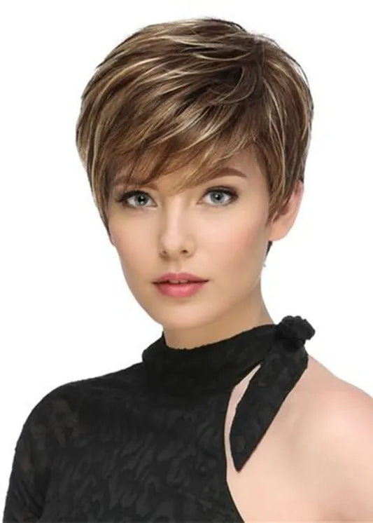 Short Fluffy Brown Mix Blonde Hair Wigs with Bangs Heat Resistant Synthetic Hair Capless Wig 10inch