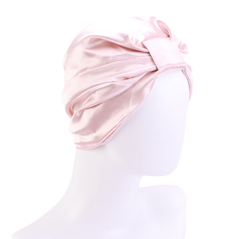 Cross-Border Hat Double-Layer Imitation Silk Nightcap Contrasting Color Knotted Turban Hat Washing and Chemical Clothing Factory Direct Sale