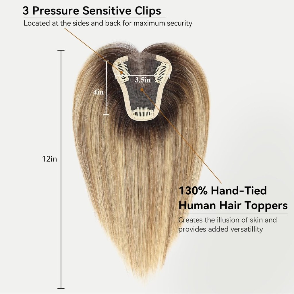 Remy Human Hair Toppers for Women Hand-Tied Hair Toppers with Swiss Lace Base 12in