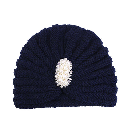 Cross-Border New Autumn and Winter Pearl Diamond Accessories Woolen Turban Hat Ethnic Style Warm Pullover Hat Jdm-138E