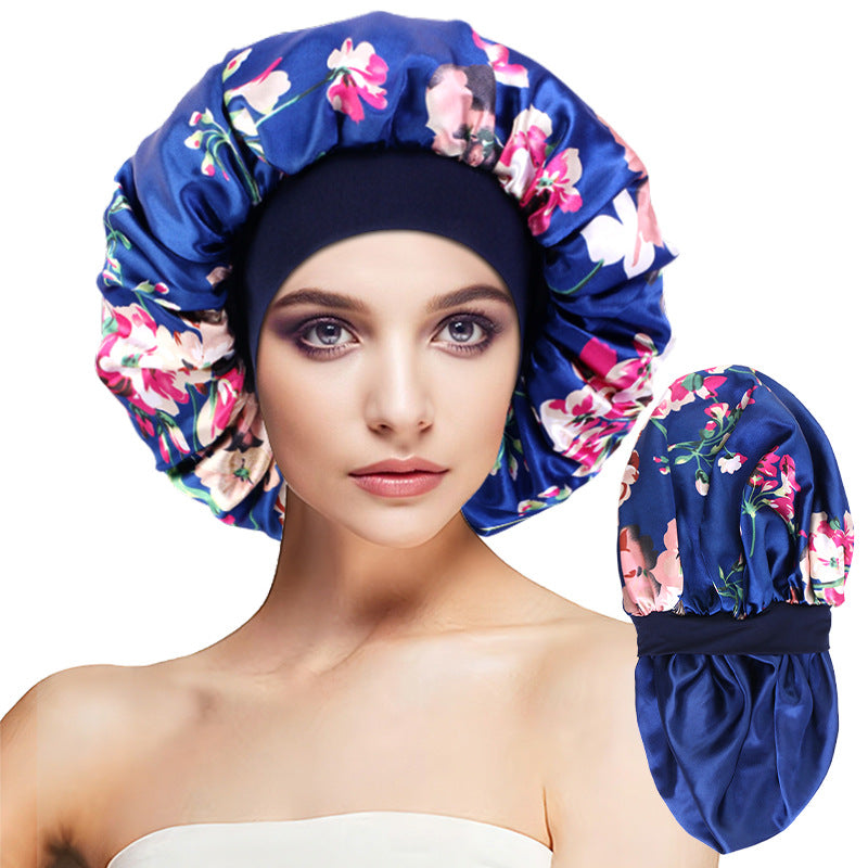 Cross-Border New Double-Layer Satin Printed Elastic Wide-Brimmed Nightcap Satin Round Hat Beauty Salon Hat