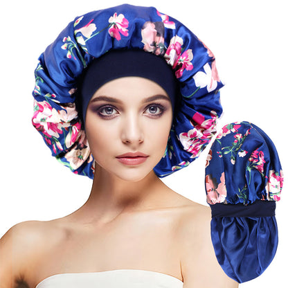 Cross-Border New Double-Layer Satin Printed Elastic Wide-Brimmed Nightcap Satin Round Hat Beauty Salon Hat