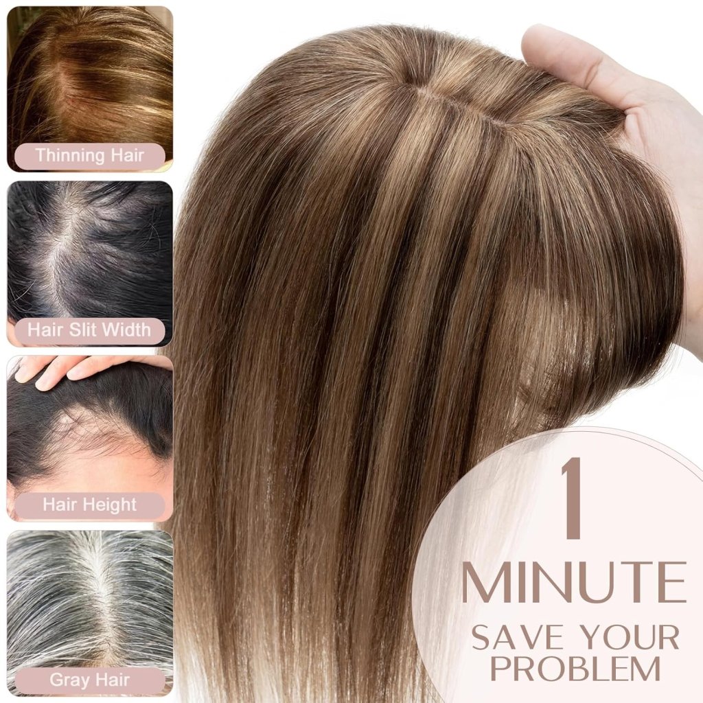 Human Hair Topper with Bangs - Real Human Hair Toppers for Women with Thin Hair