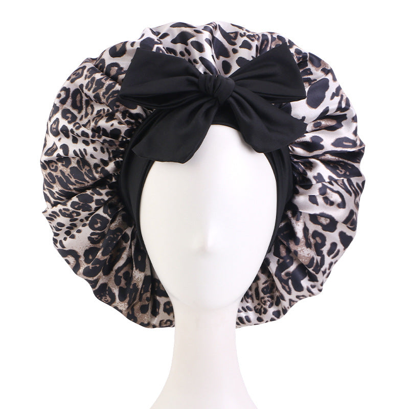 Cross-Border Large Leopard Print Ribbon Sleep Cap, Knotted Hair Protection Cap, Tie-On Shower Cap, Postpartum Cap Jdb-408J-2
