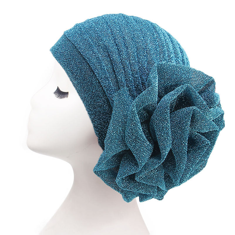 New Style Shiny Silk Large Flower Headscarf Hat, Versatile Retro Fashion Hat Tjm-322