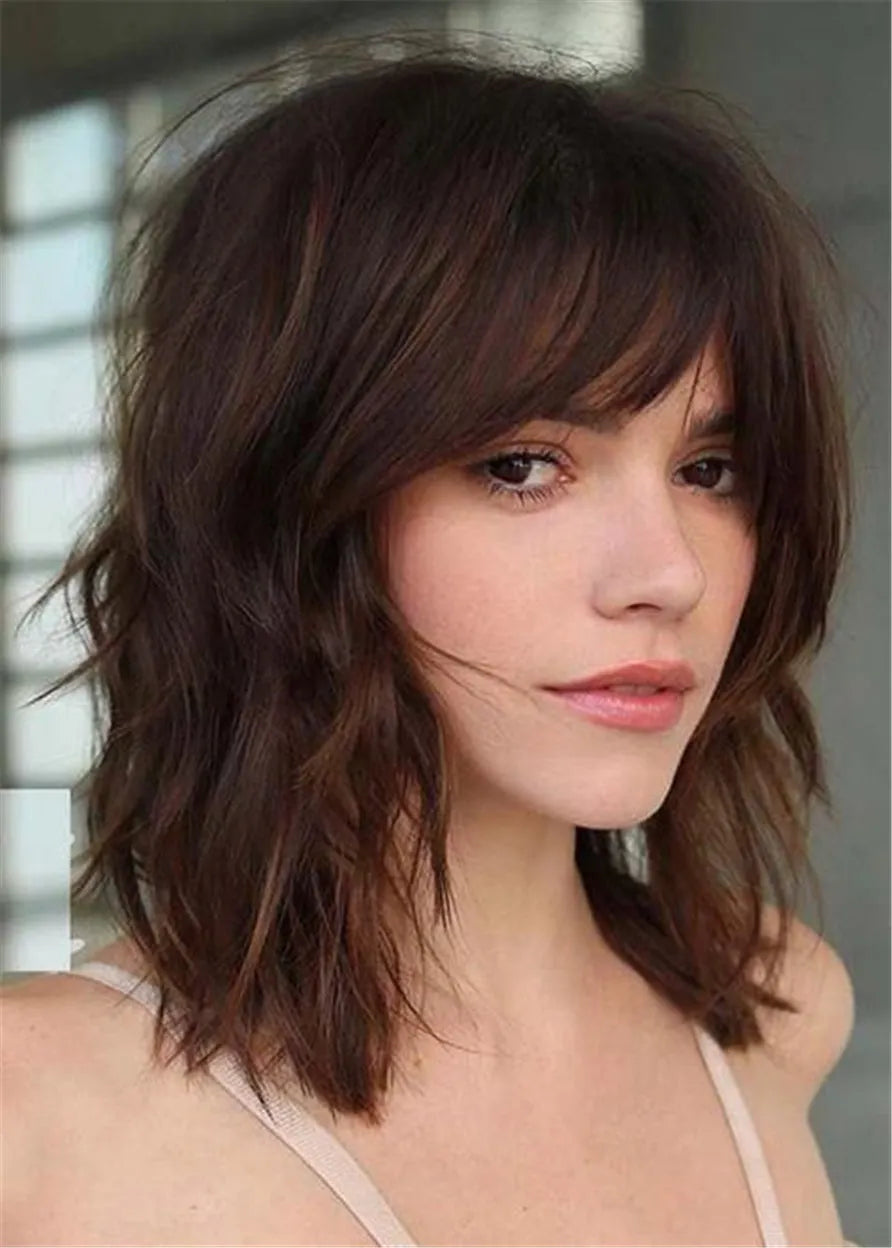 Outstanding Shag Haircut Natural Wavy Human Hair Wig With Bangs 16 Inches