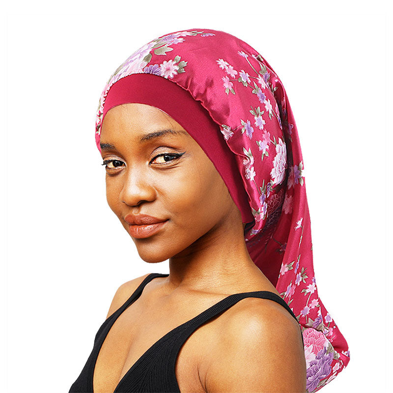 Stretch Hair Band Satin Print Long Tube Hat Long Hair Nightcap Turban Hat