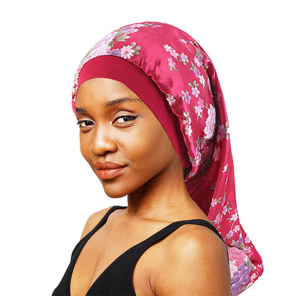 Stretch Hair Band Satin Print Long Tube Hat Long Hair Nightcap Turban Hat