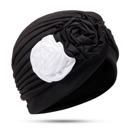 New Double Color Plate Flower Head Towel Hat Retro Fashion Hat Imitation Silk Indian Hat TJM-24Q