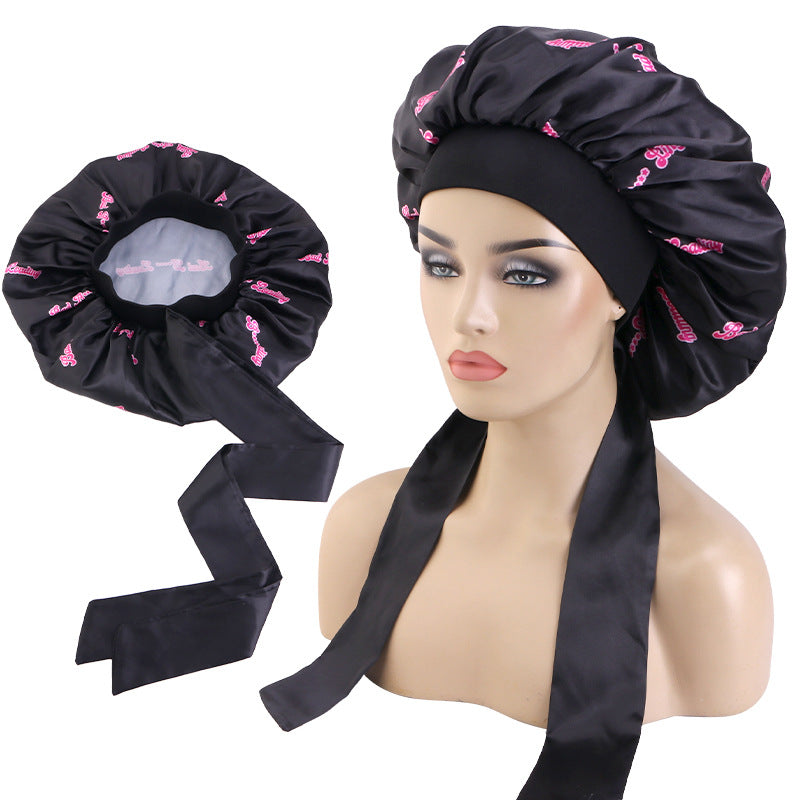 Custom Printed Logo Satin Nightcap Elastic Strap Turban Cap Beauty Hair Care Cap