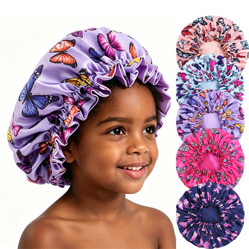 Children's Double-Layer Satin Butterfly Print Sleep Cap, Hair Care Headscarf, Shower Cap Jdkb-16G