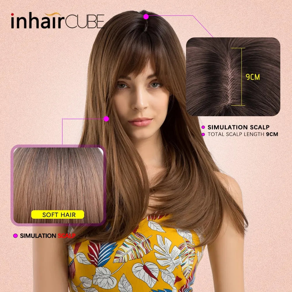 Long Straight Synthetic Hair With Bangs Women Wigs 20 Inches