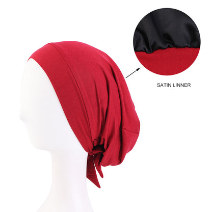 Mundell Strap Satin Lined Double Layer Nightcap Chemotherapy Cap Turban Hair Care Hat JDU-423C