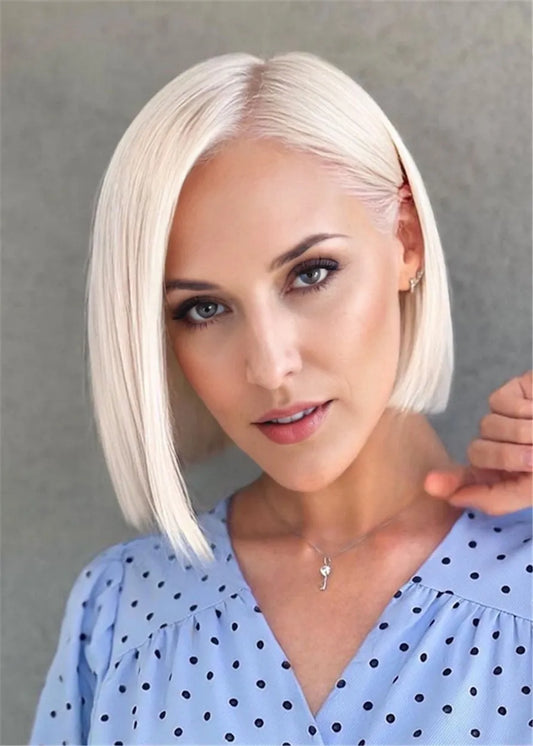 White-Blonde Asymmetric Bob Cut Synthetic Straight Hair Women Wig