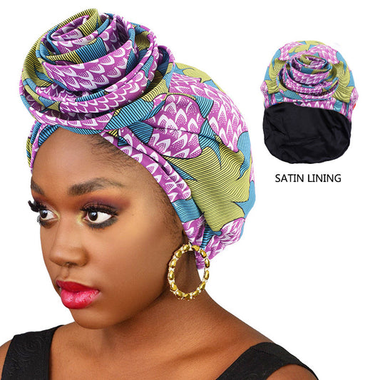 European and American Trendy Satin-Lined Turban Hat, Floral Hat, Amazon Headwrap Hat