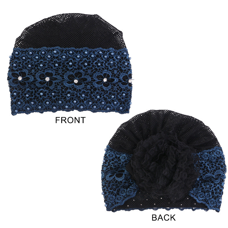Cross-Border New Breathable Lace Pearl Hat, Floral Turban Hat, Head Wrap Hat, Hair Care Hat Jdt-502