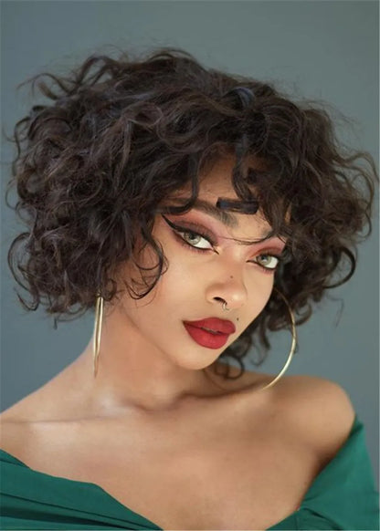 Medium Hairstyle Kinky Curly Human Hair Wigs With Bangs 12Inch For African American Women