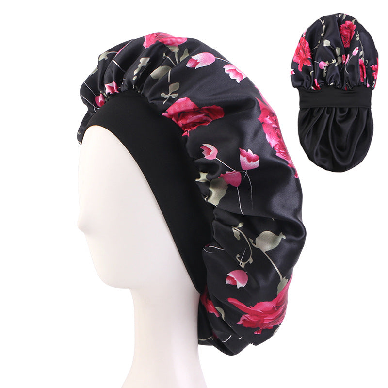 Cross-Border New Double-Layer Satin Printed Elastic Wide-Brimmed Nightcap Satin Round Hat Beauty Salon Hat