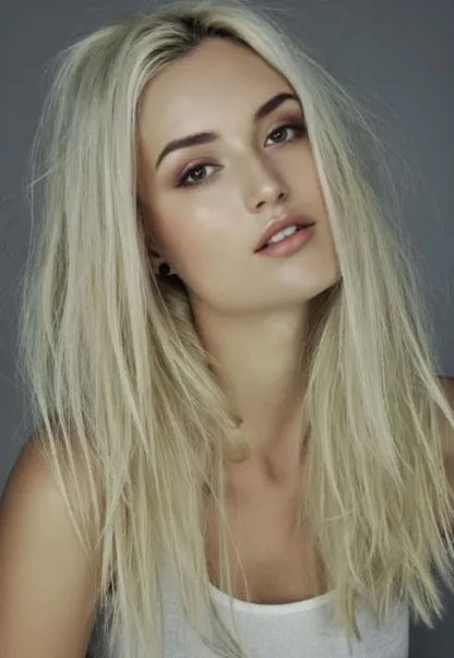 Bestes America Next Topmodel Laura James Unordentlicher Haarstil Lange Glatte Blonde Spitzenfront 100% Echthaarperücken 18 Zoll