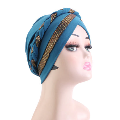 Cross-Border Braided Headscarf Hat Factory New Model Gold-Stamped Two-Color Handmade Headscarf Custom-Made Upon Request Jdt-429M