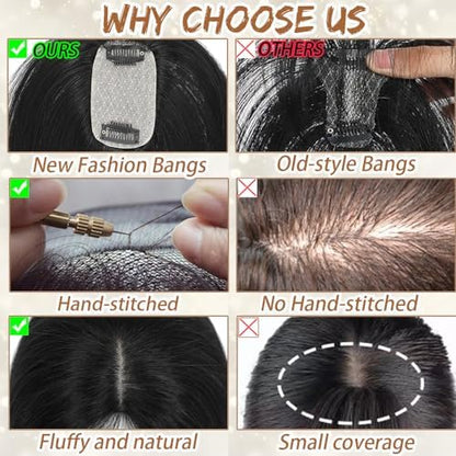 Hair Toppers for Women Real Human Hair, Bangs Hair Clip 360° 3D Cover Human Hair Topper with Bangs