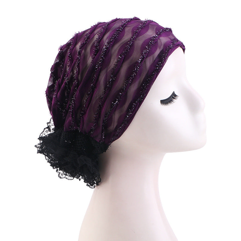 Cross-Border Spring and Autumn Style Breathable Lace Hat, Ethnic Hat with Floral Embellishment on the Back, Hair-Protecting Headscarf Hat Jdt-516