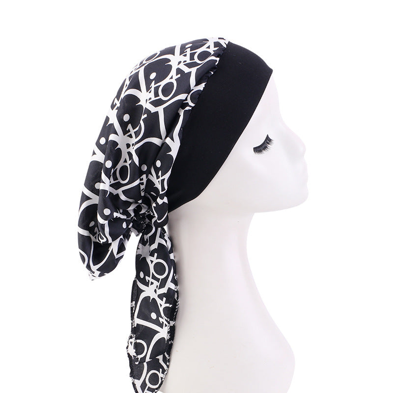 Pastoral Style Elastic Wide-Brimmed Imitation Silk Turban Hat, Long Tail Braid Hat, Chemotherapy Hat, Cross-Border Supply