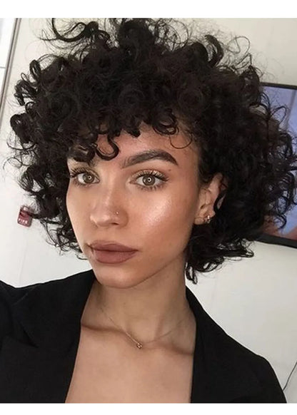 Short Kinky Curly Wig with Bangs Synthetic Hair Capless Wigs 14inch