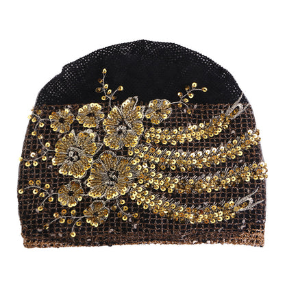 Lace Beaded Sequin Floral Turban Hat, Base Hat, Head Wrap Hat, Mesh Hair Protection Hat Jdt-523