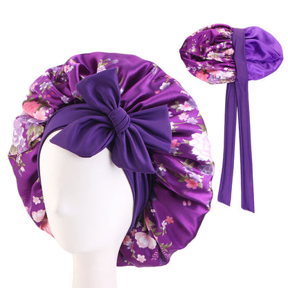 Amazon Source Double-Layer Printed Satin Sleep Cap with Wide Elastic Ribbon, Turban Hat, Tie-On Shower Cap