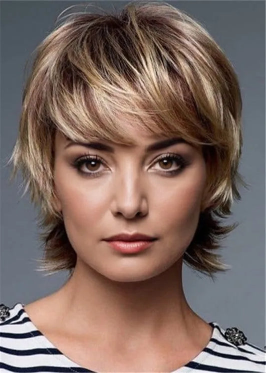 Parrucca corta da donna con capelli umani Remy lisci e a strati con frangia, 10 pollici