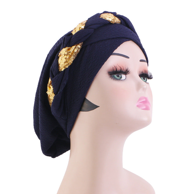 Cross-Border Solid Color Sequin Braided Cross-Turban Hat Small Hat Head Wrap Hair Protection Hat Jdt-429F