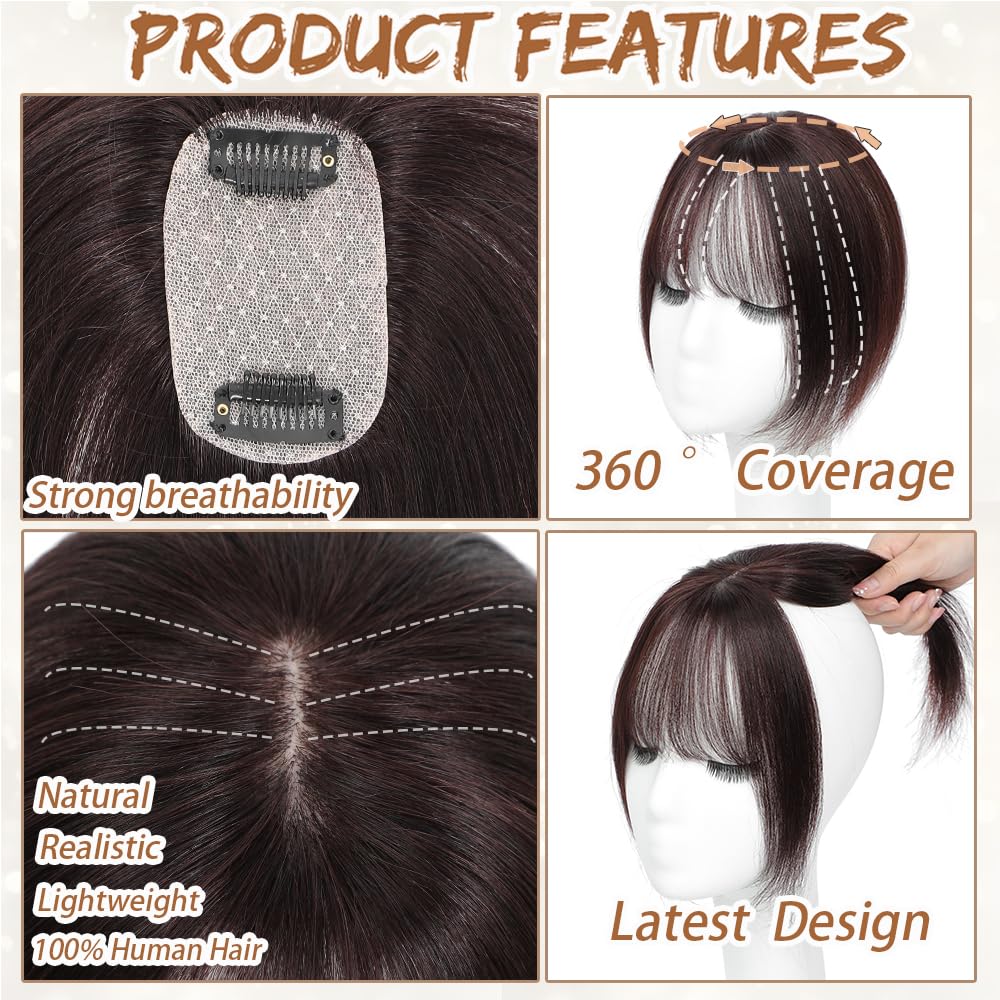 Hair Toppers for Women Real Human Hair, Bangs Hair Clip 360° 3D Cover Human Hair Topper with Bangs
