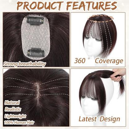 Hair Toppers for Women Real Human Hair, Bangs Hair Clip 360° 3D Cover Human Hair Topper with Bangs