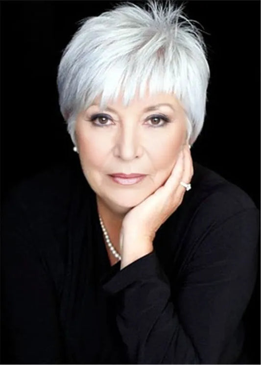 Tagli di capelli Pixie per donne anziane Parrucche di capelli umani lisci naturali da 6 pollici