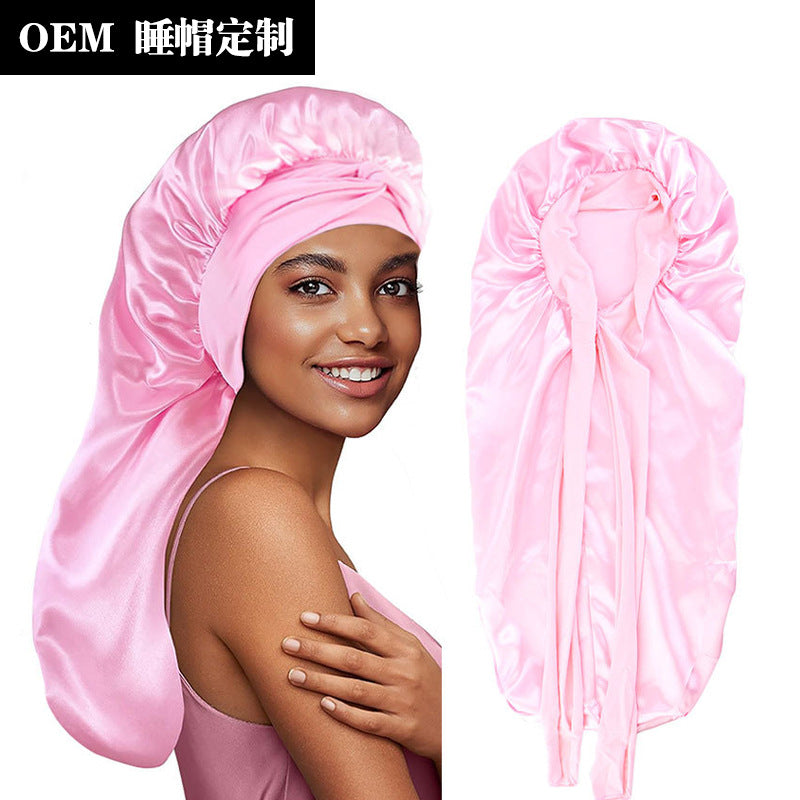 Wide-brimmed elastic ribbon women's headscarf hat perm hair care hat cross-border hot sale satin long nightcap