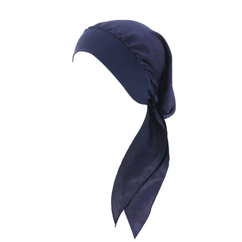 Pastoral Style Elastic Wide-Brimmed Imitation Silk Turban Hat, Long Tail Braid Hat, Chemotherapy Hat, Cross-Border Supply