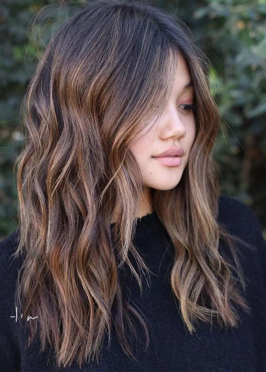 Money Piece Hair Langer Bob Lace Front Perücken Gewellte Synthetikperücke Balayage Haar 24 Zoll